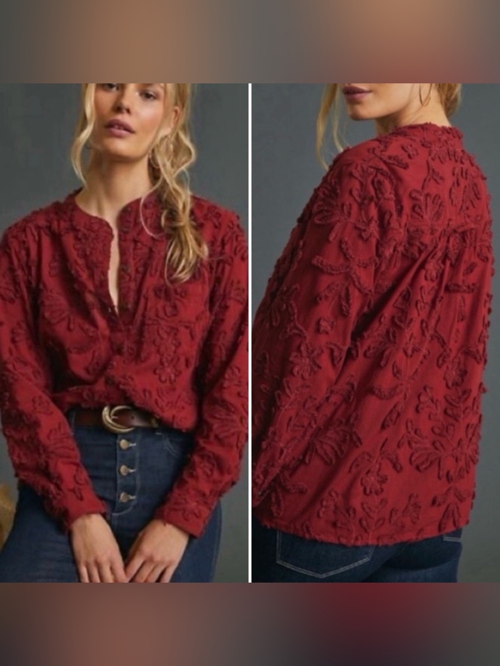 Anthropologie Pilcro Whitney Floral Textured Maroon Button Down Top XS